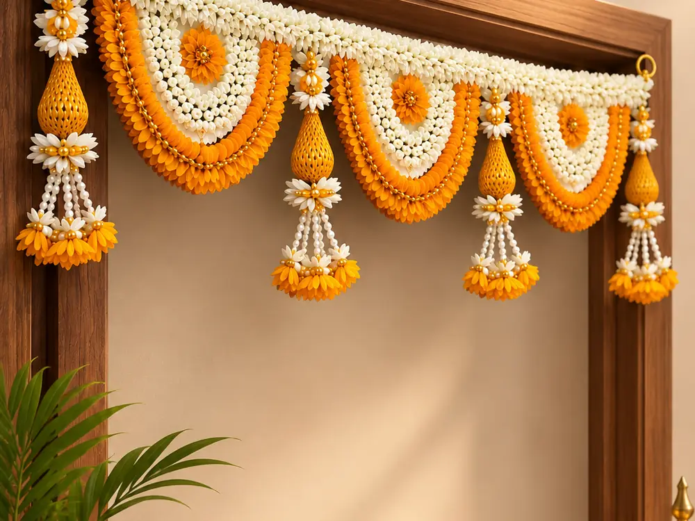 Marigold and jasmine door toran with tassels hanging over a wooden door frame