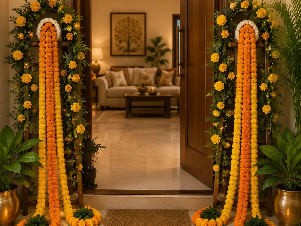 House entrance framed by tall marigold and jasmine garlands with a brass pot