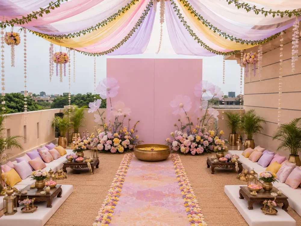 Pastel haldi setup with draped fabric, a brass urli and flowers in pink, lilac and yellow