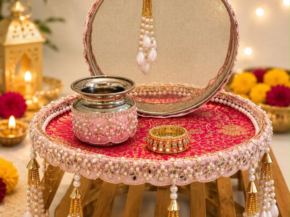 Pink and gold karwa chauth thali with pearl tassels, a sieve, lota and marigolds
