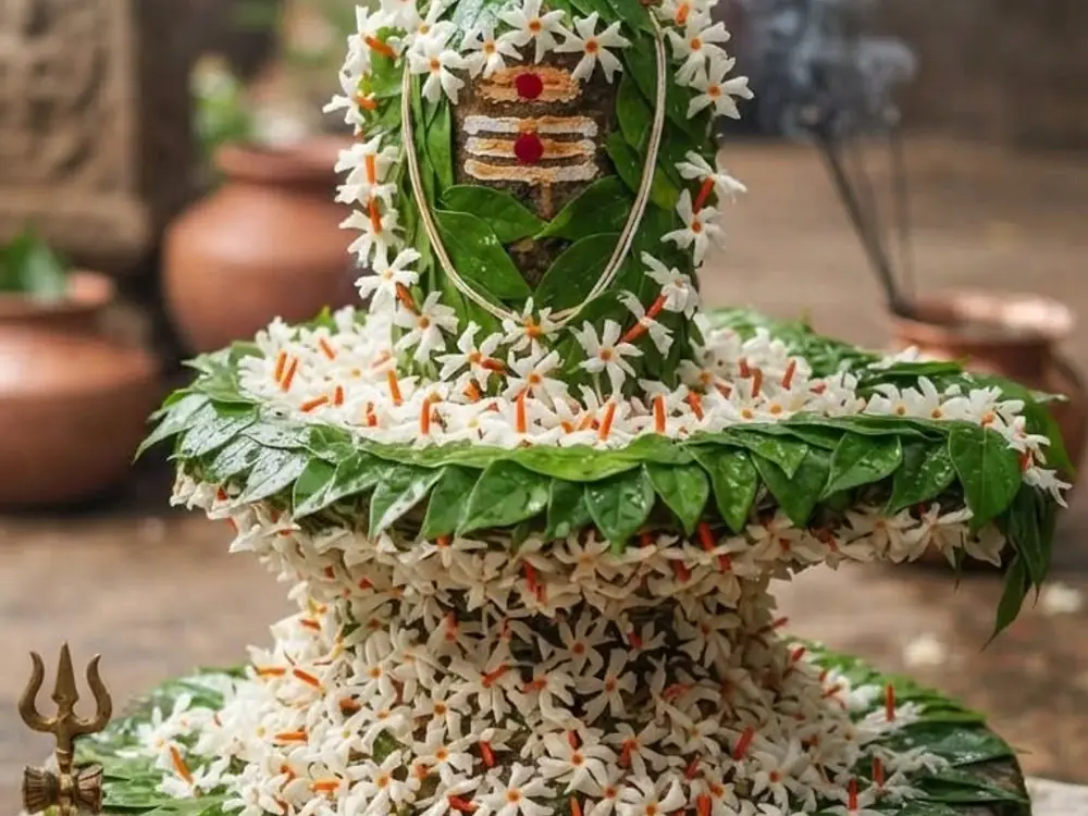 Shivling dressed in bel leaves and white jasmine flowers