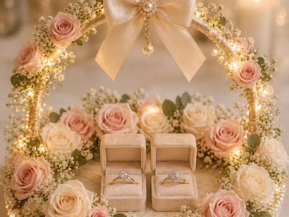 Two engagement ring boxes on a platter ringed with blush roses and fairy lights
