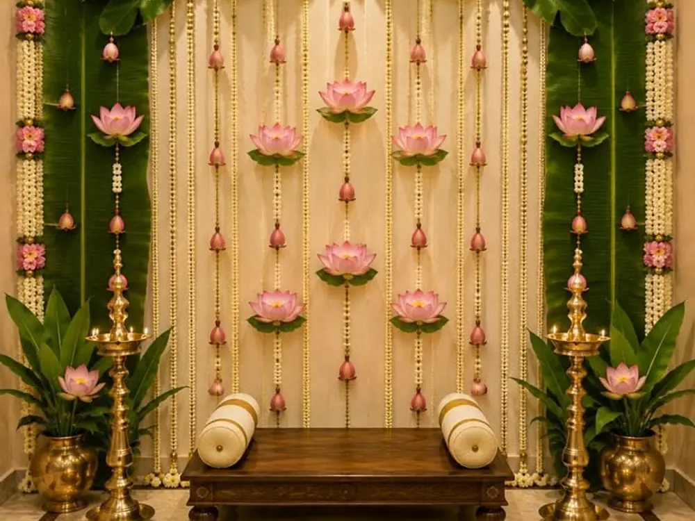 Satyanarayan puja backdrop of banana leaves with lotus flowers, bells and brass lamps