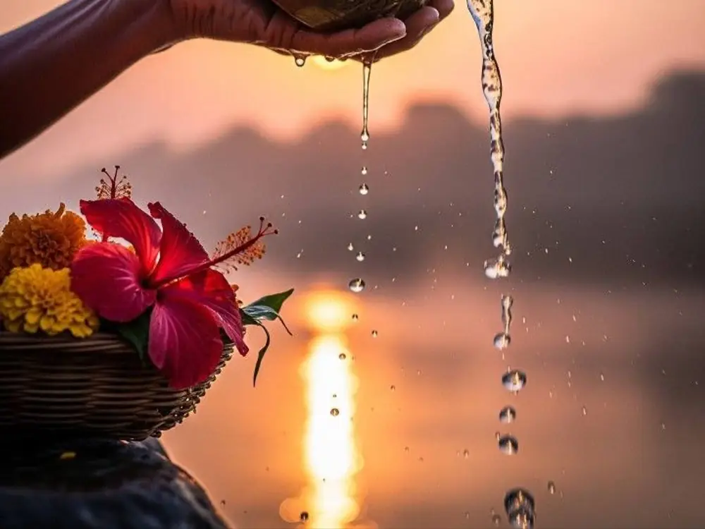 Hands pouring water from a brass vessel at sunrise beside a basket of marigolds and hibiscus