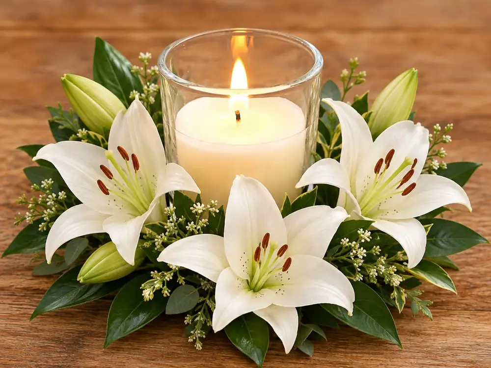 White lilies and eucalyptus around a lit candle on a wooden table