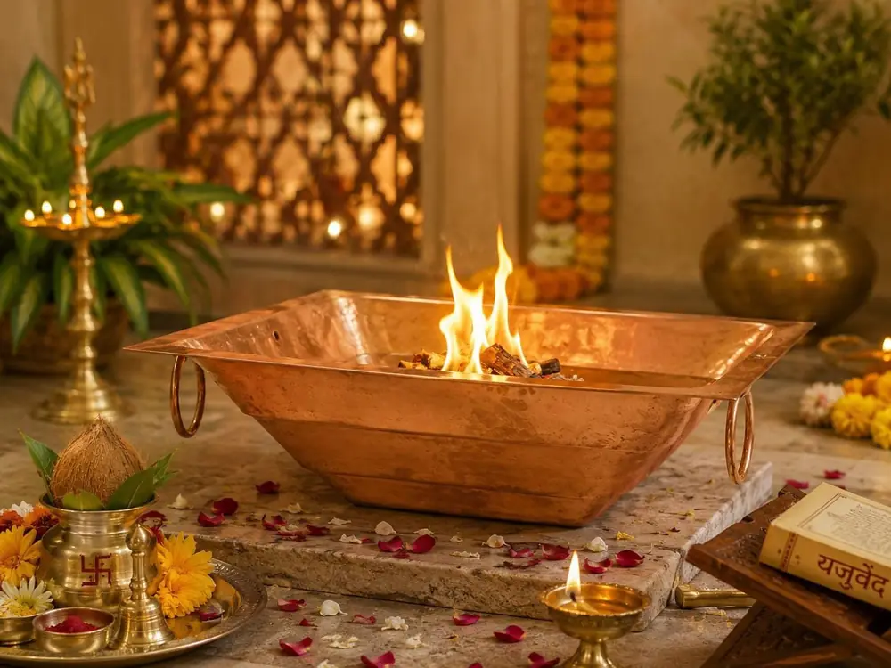Copper havan kund with a flame, brass lamps, kalash and scattered rose petals