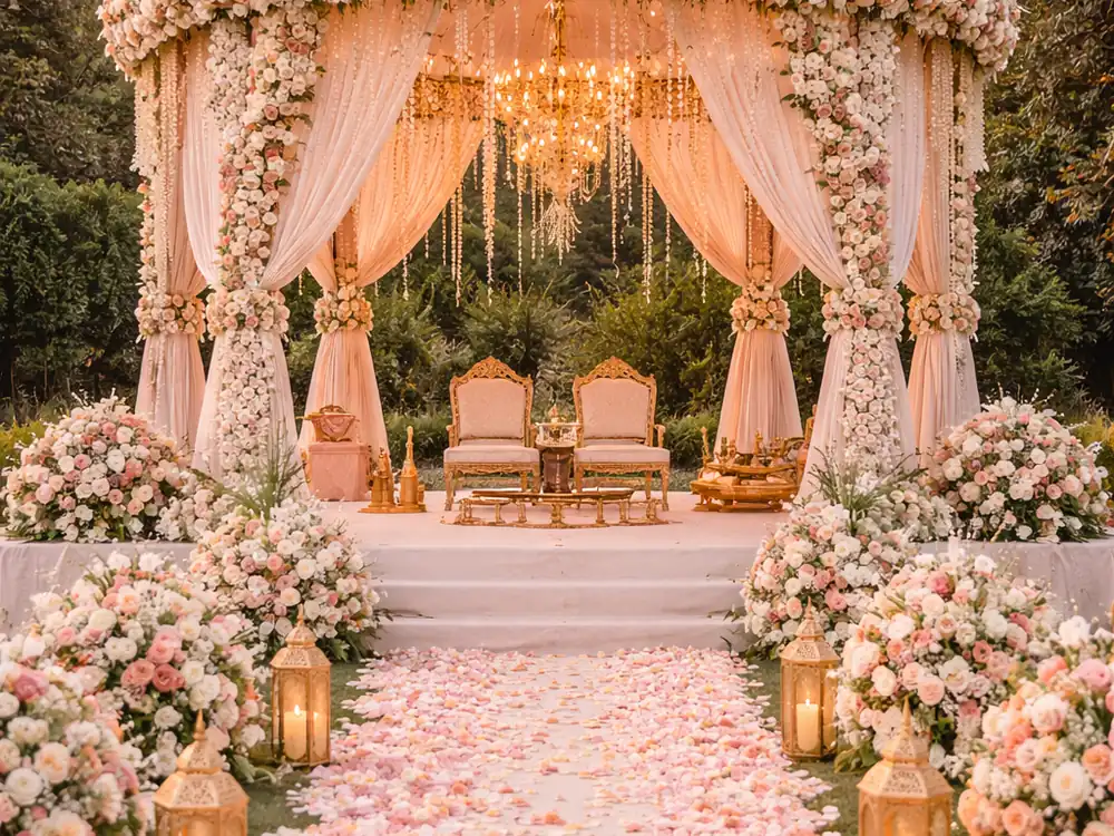 Peach and blush wedding mandap with draped fabric, rose clusters and a petal-strewn aisle