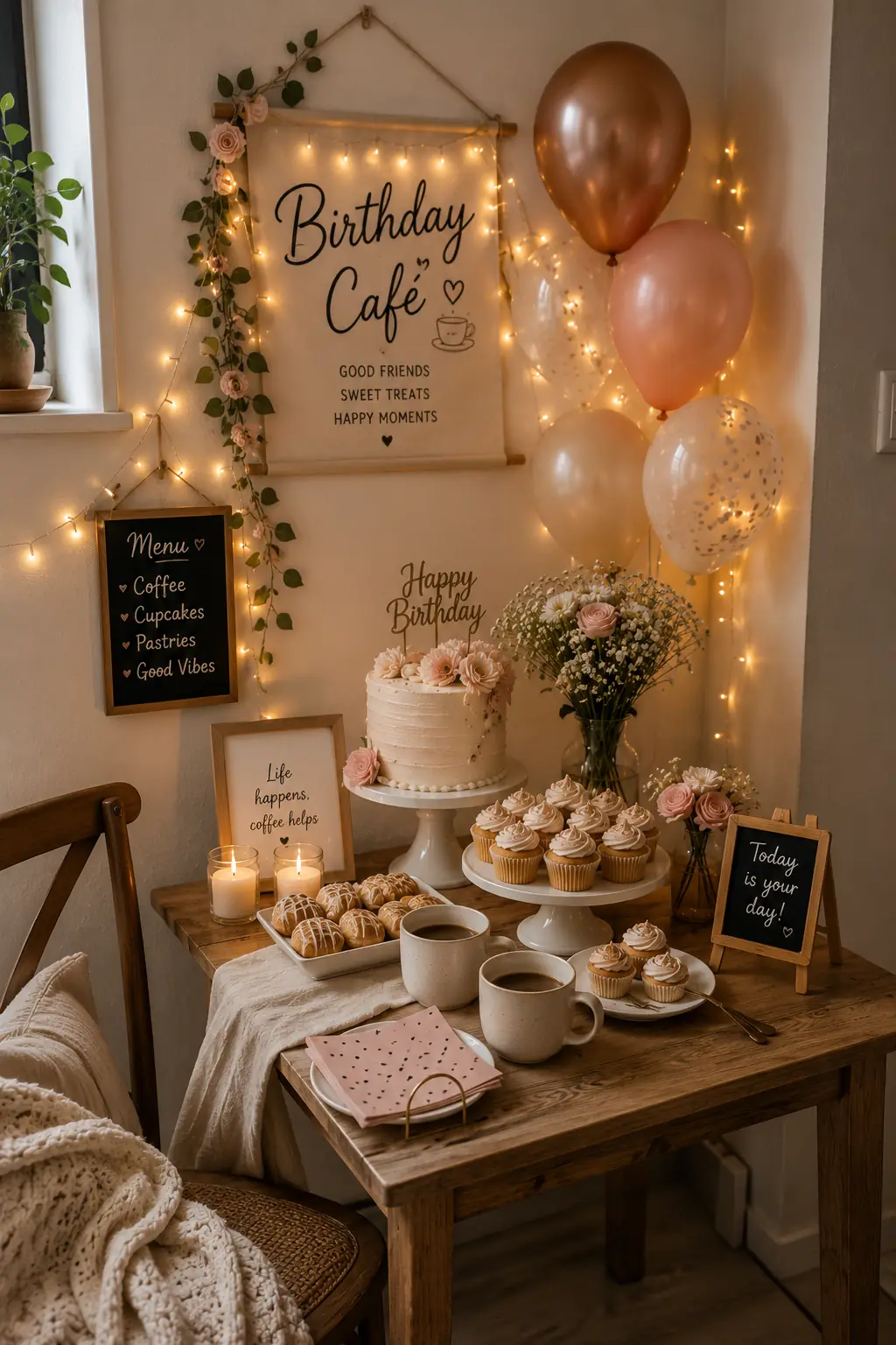 Cozy birthday corner at a cafe with golden balloon arch and fairy lights