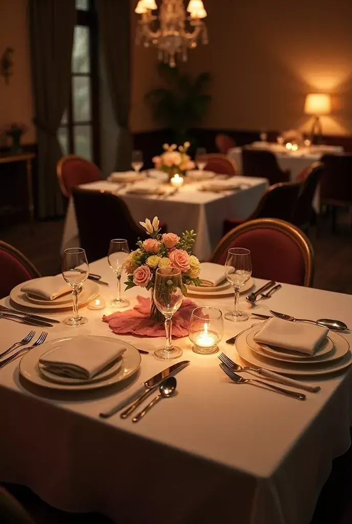 Elegant round restaurant table set for two with candles and floral centerpiece