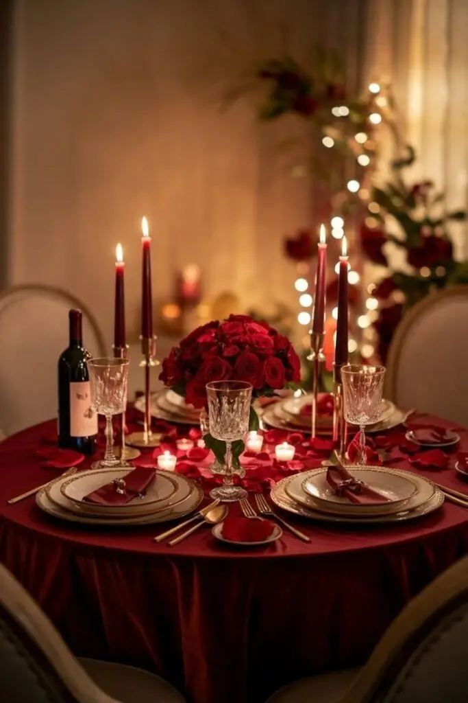 Fine dining anniversary table with red roses and wine glasses