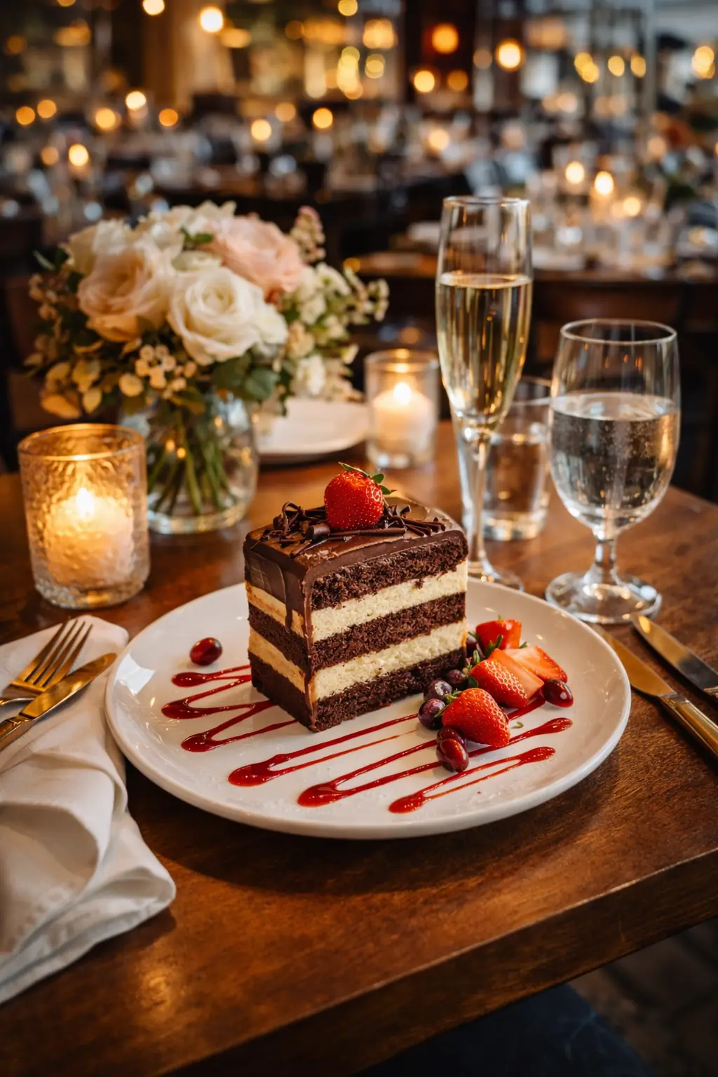 Restaurant celebration table with flowers cake and champagne glasses