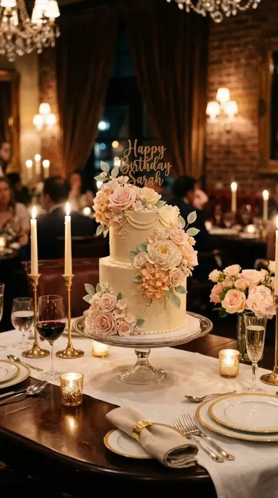 Restaurant table with candles flowers and birthday cake for a celebration