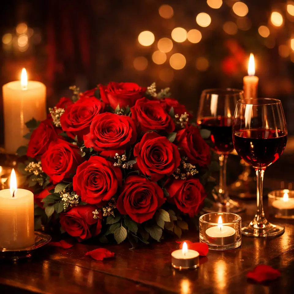 A café table dressed with red roses, candles and wine glasses, shown as inspiration