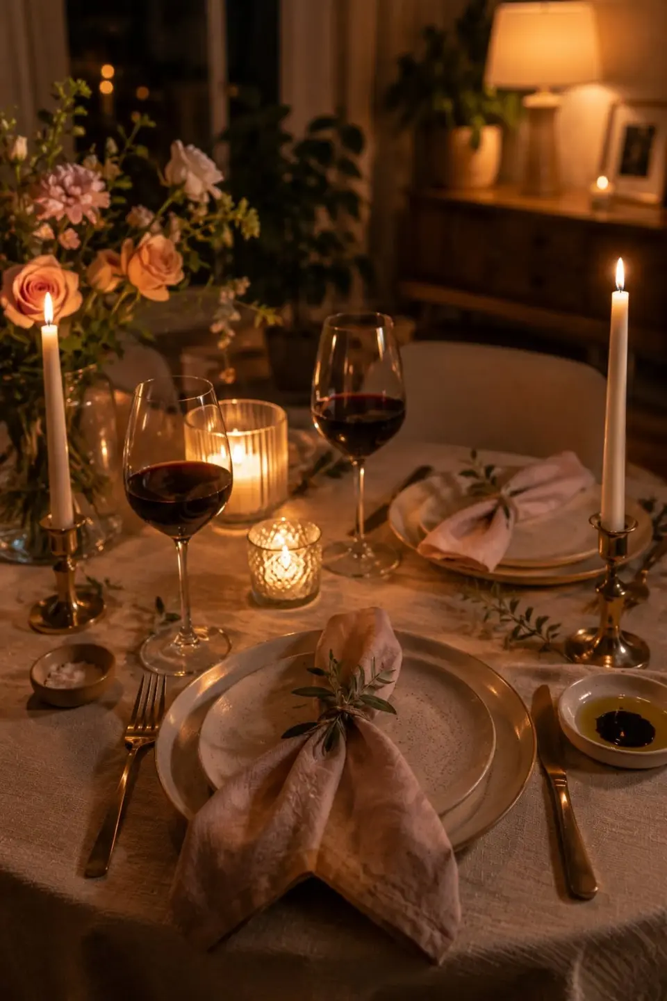A candlelit dinner table for two with flowers and wine glasses, shown as inspiration
