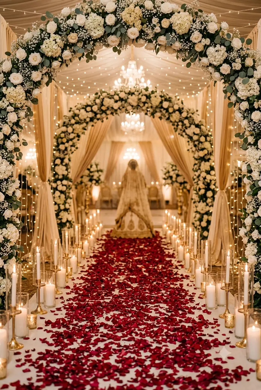 A white and green floral arch over a rose petal aisle lined with candles, shown as inspiration