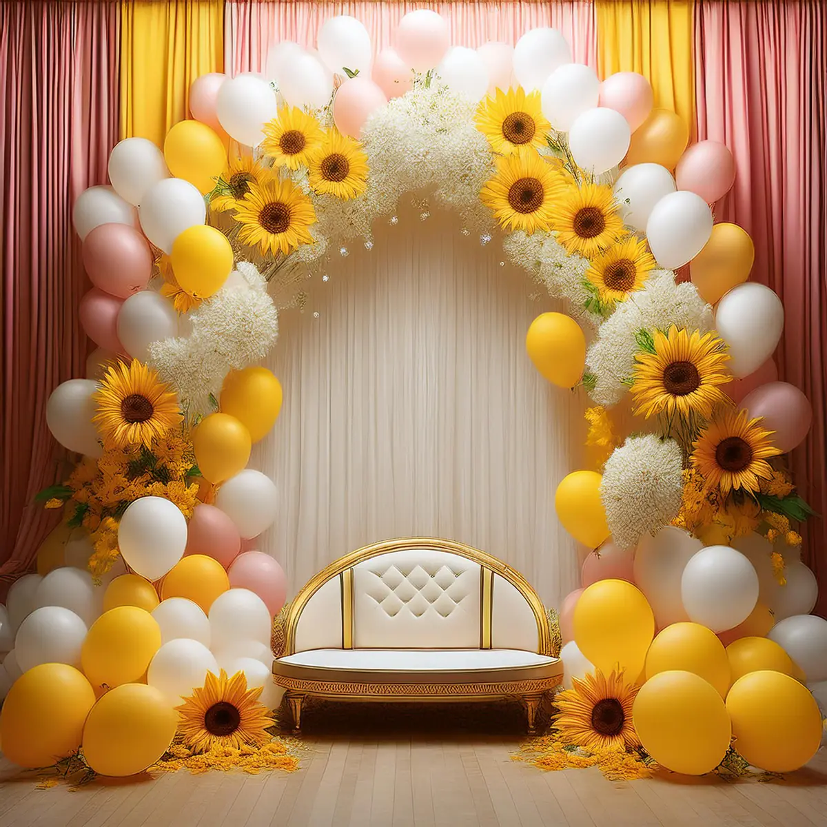 A sunflower and balloon arch with a white seat, shown as inspiration