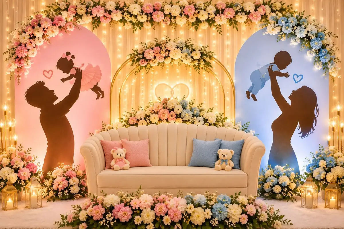 A pastel baby shower stage with a flower arch, a cream sofa and teddy bears