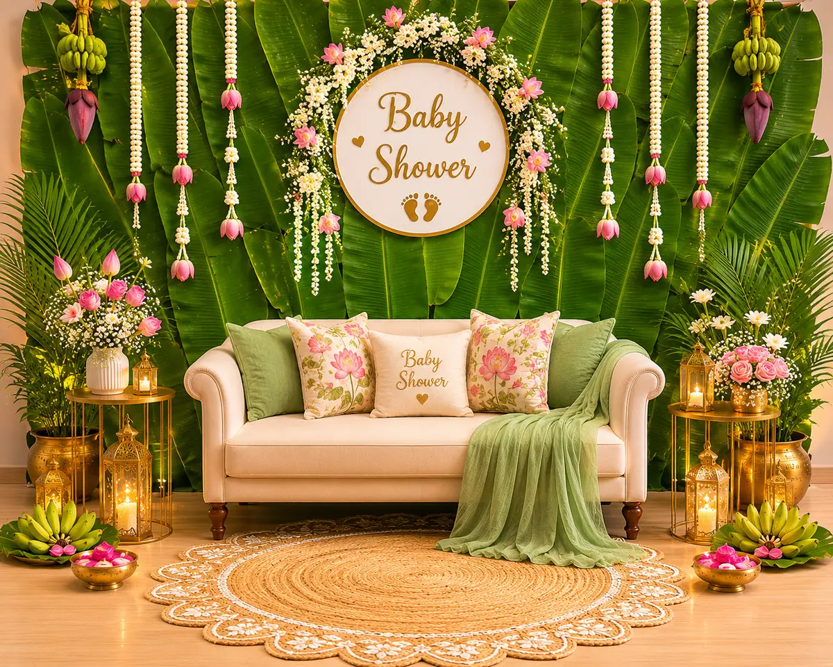 A Baby Shower sign on a leaf wall with flower strings, a sofa and a jute rug
