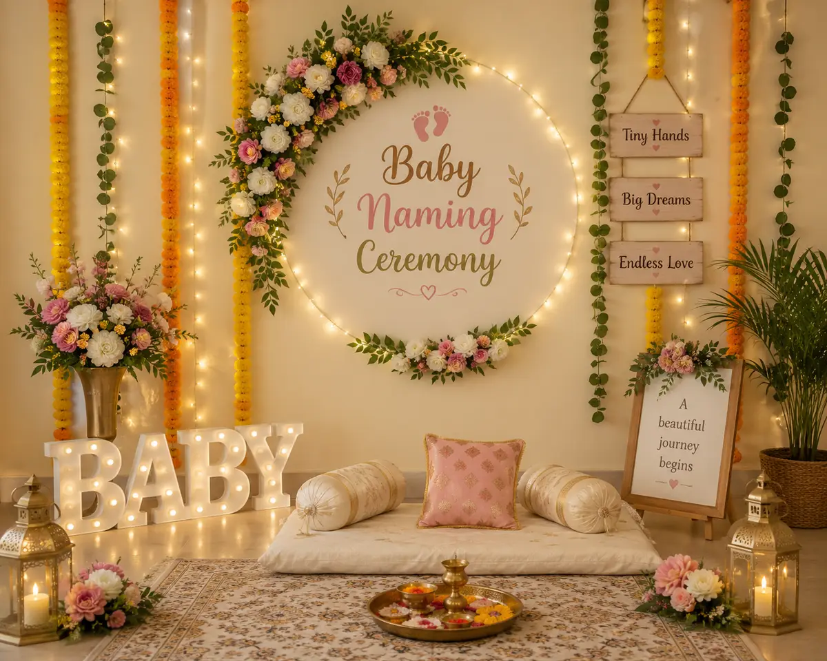 A Baby Naming Ceremony floral sign with fairy lights, marigold strings and floor cushions