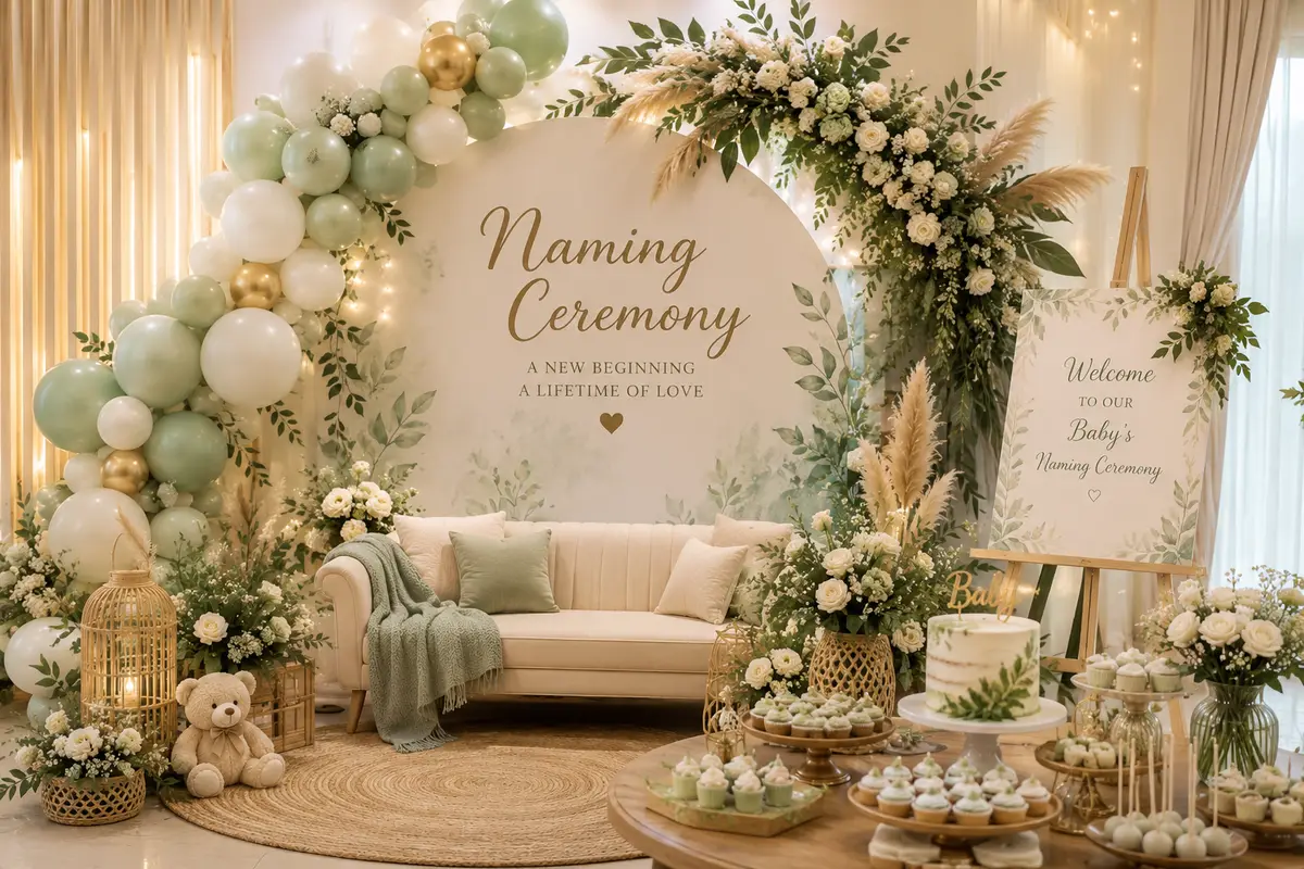 A naming ceremony backdrop with a sage balloon arch, white flowers and a sofa