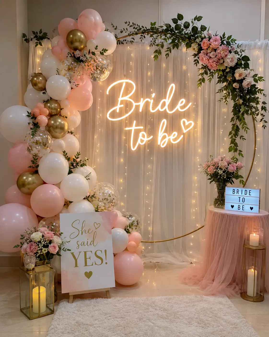 A Bride to be neon sign on a pink and white balloon arch with roses