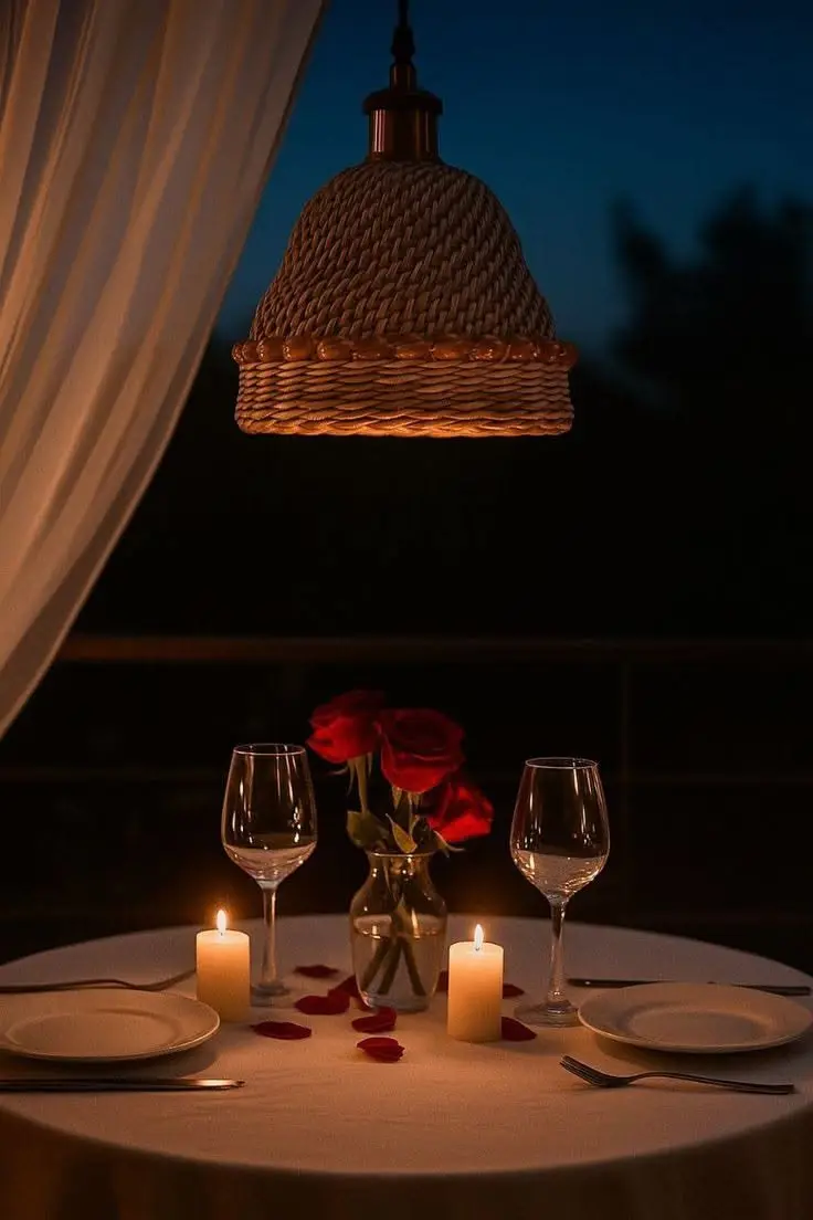 A café table for two with a rose in a vase and candles