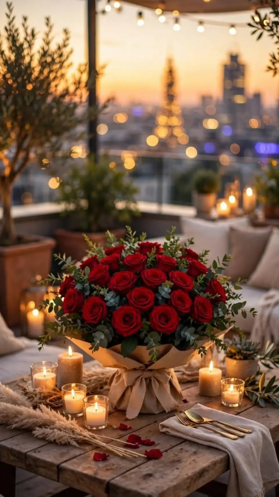 A rustic table with a red rose bouquet and candles against city lights