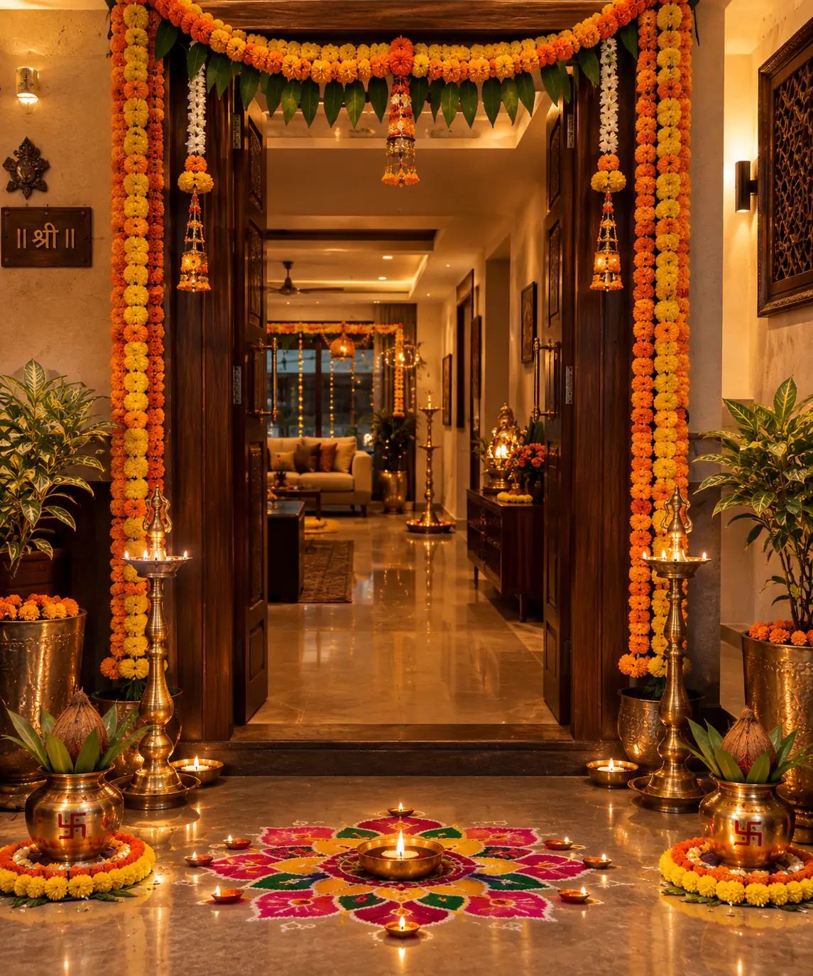Door with long marigold garlands, brass diyas and a flower rangoli for Diwali
