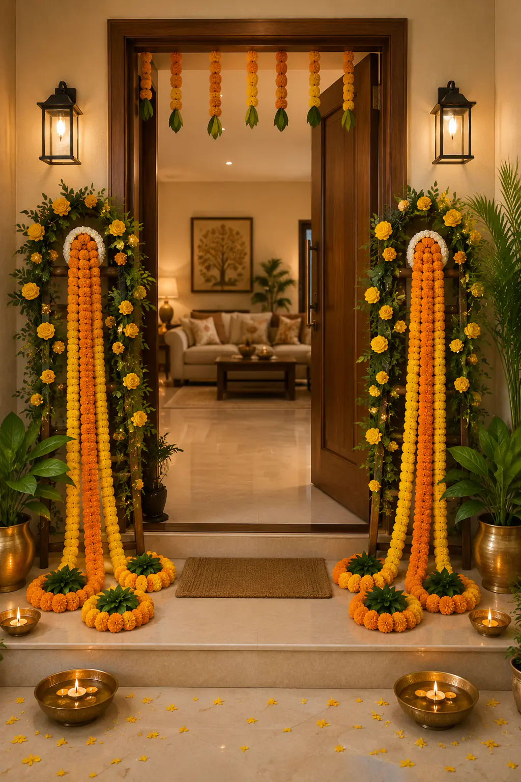 Entrance with two tall marigold and leaf garlands beside a living room door, flowers at the base