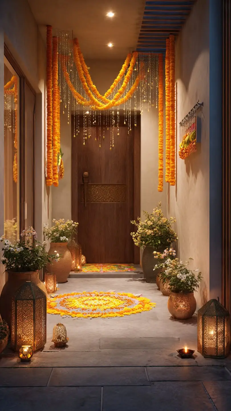 Wooden door with hanging marigold strings, potted plants and a flower rangoli for Diwali
