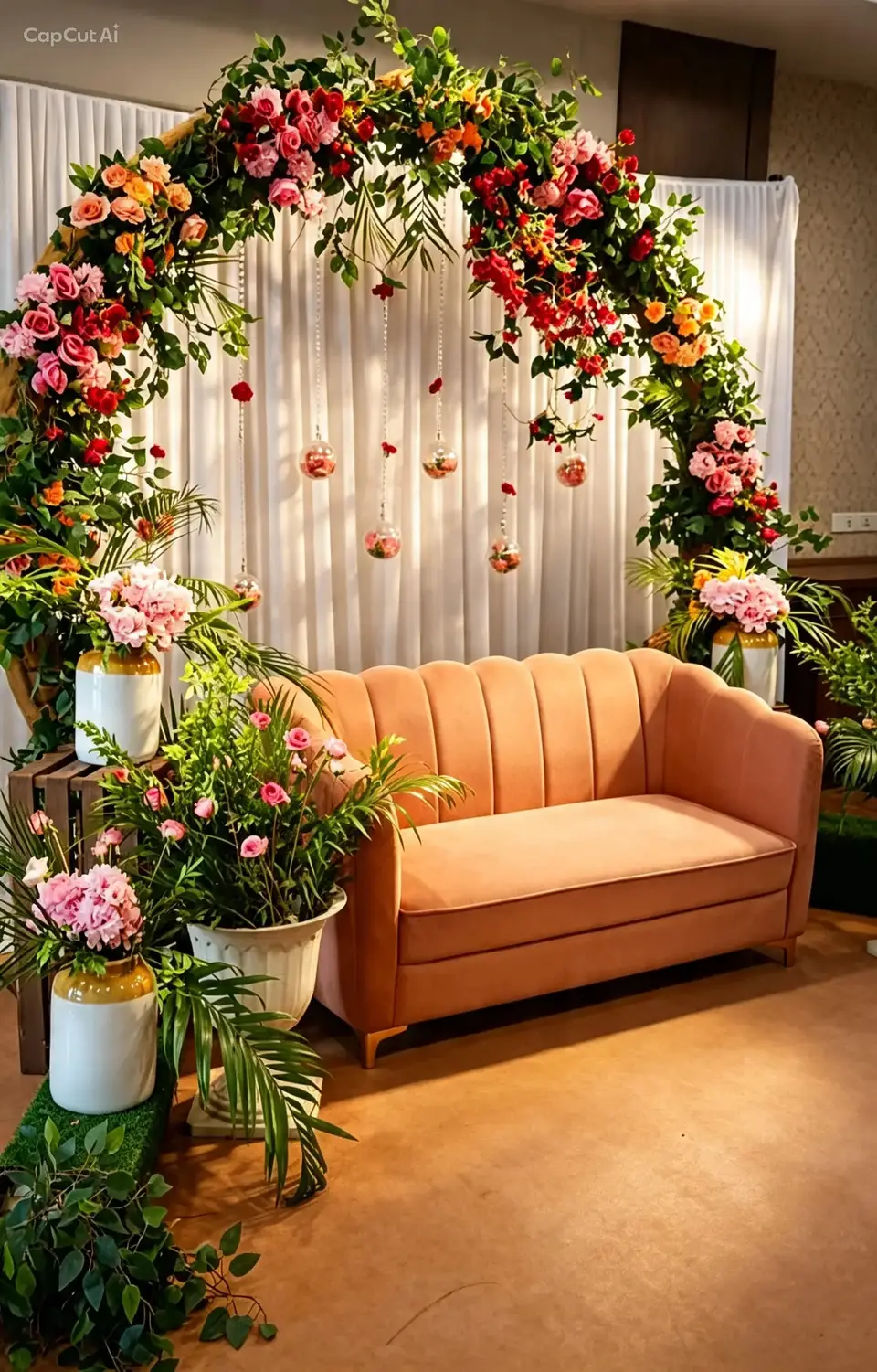 A flower arch with a sofa and potted flowers for a celebration