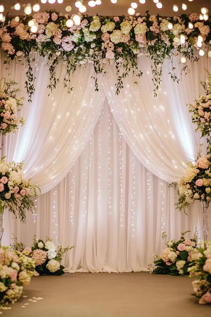 A white draped backdrop with fairy lights and a flower border, shown as inspiration