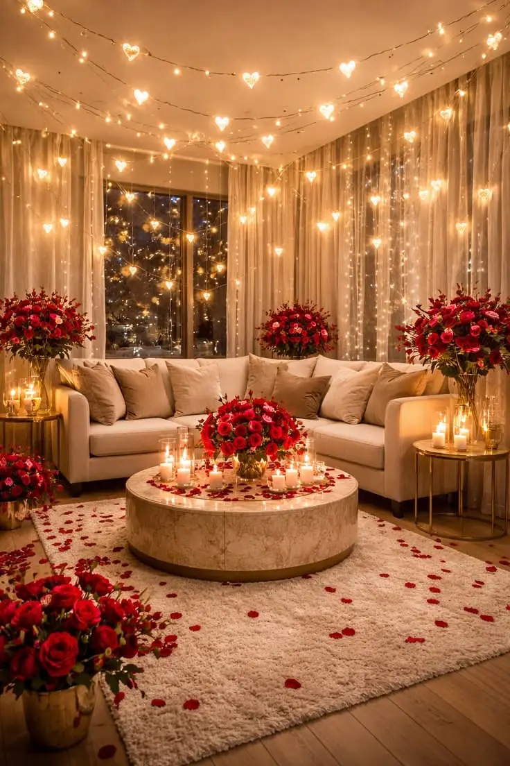 A living room with red roses, rose petals and fairy light curtains