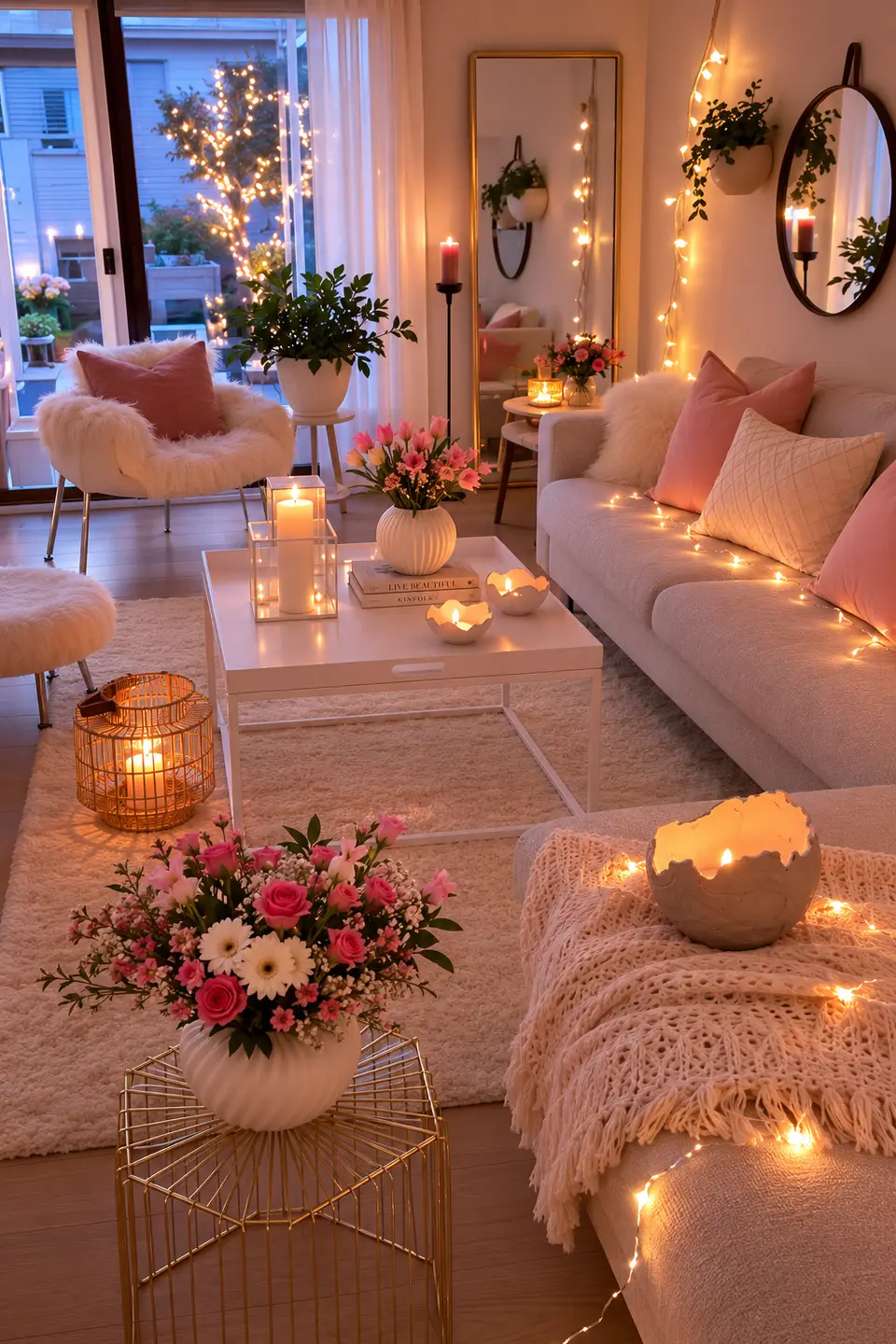 A living room with pink flower arrangements, candles and fairy lights