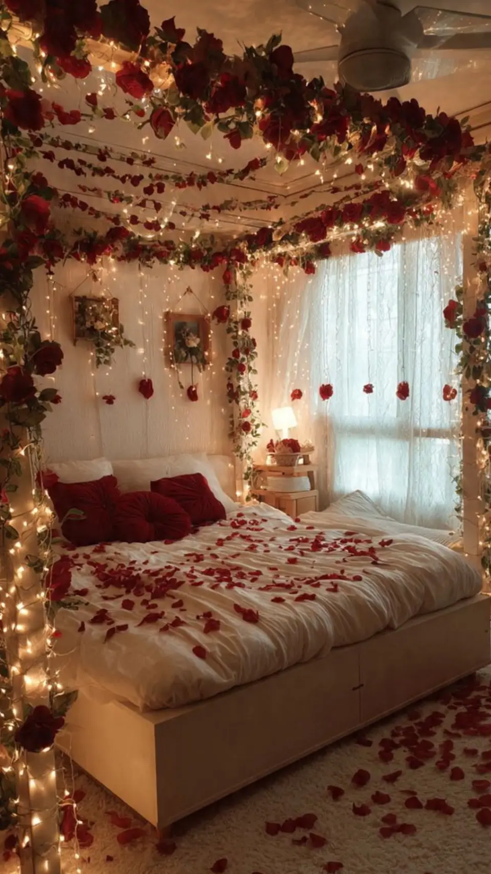 A bedroom with flower garlands, fairy lights and rose petals on the bed