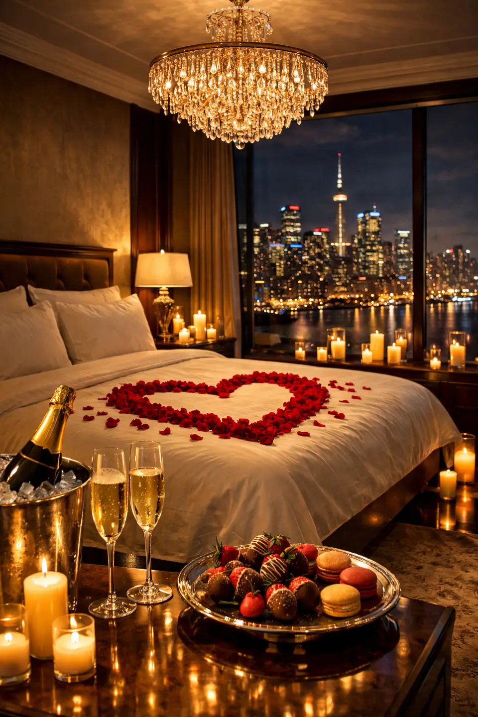 A bed with a rose petal heart and candles beside a city window, shown as inspiration