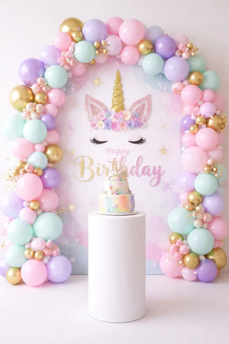 A unicorn theme birthday arch in pastel balloons with a cake on a white stand