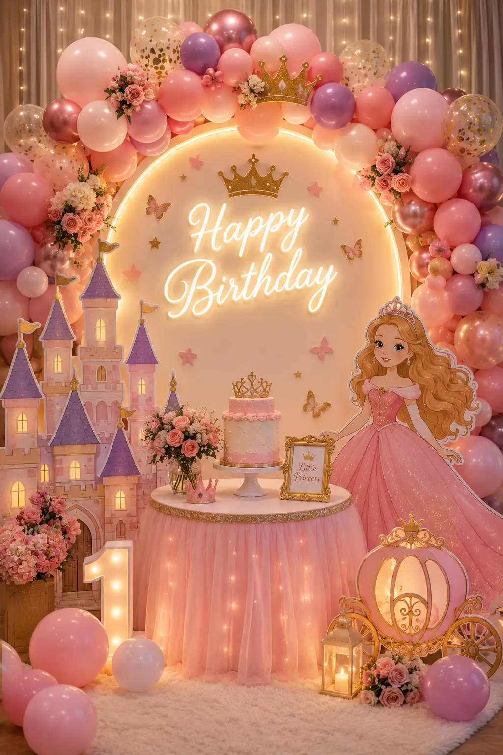 A princess theme birthday stage in pink with a castle, a carriage and a Happy Birthday sign