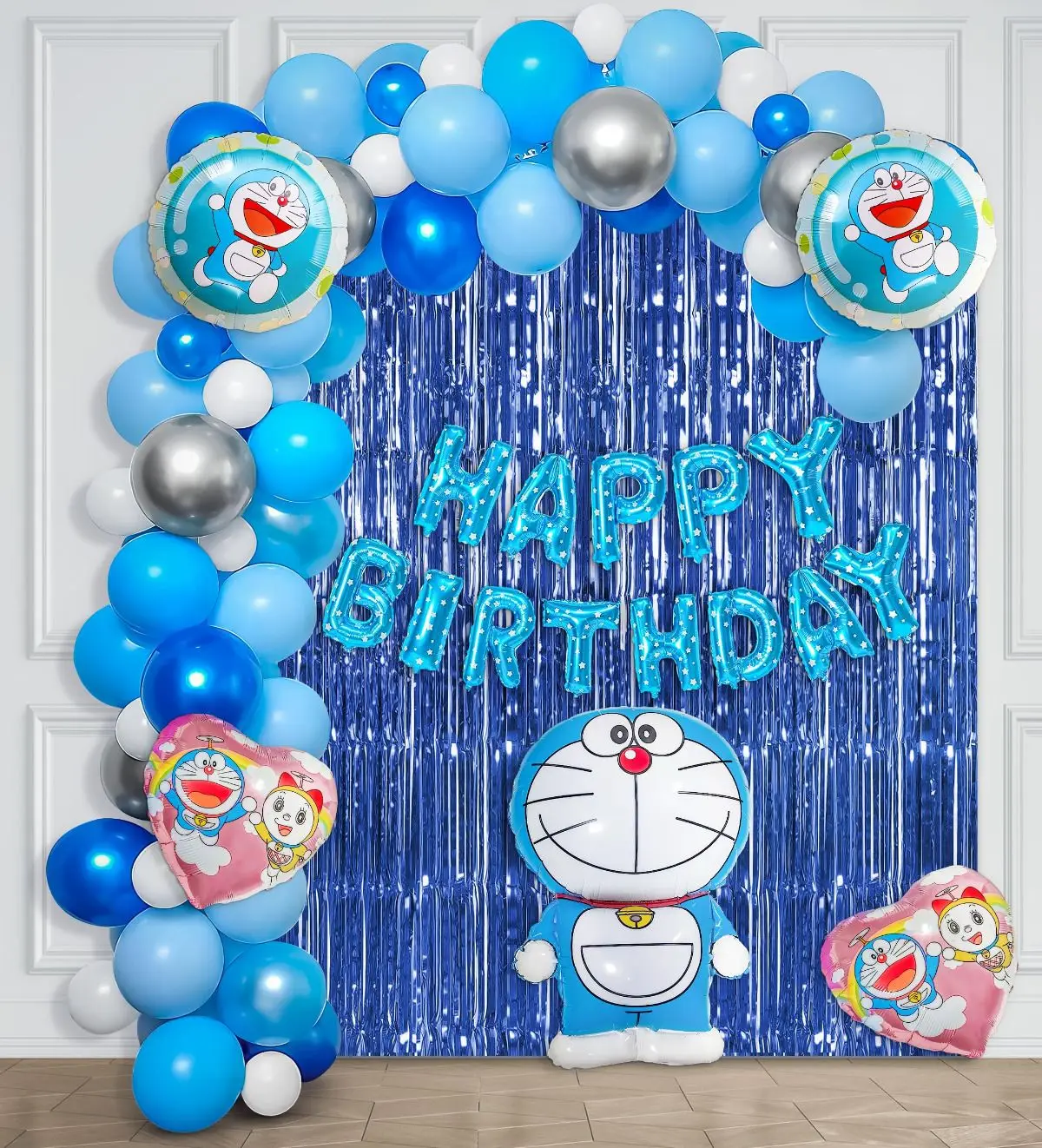 A blue cartoon theme birthday arch with a shimmer curtain and Happy Birthday letters