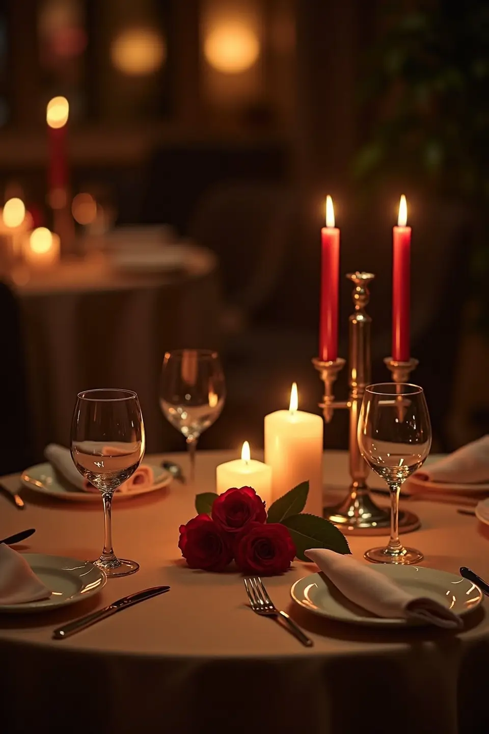 A restaurant table with red candles, roses and wine glasses