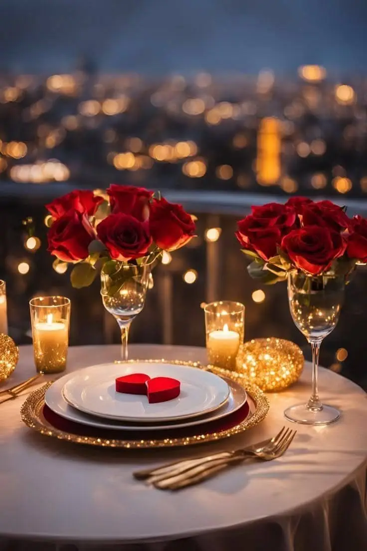 A restaurant table with rose vases, candles and a heart on the plate