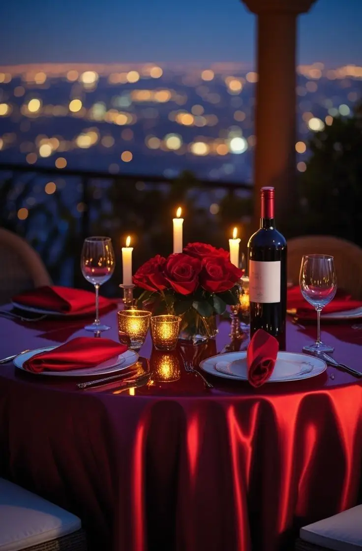A table with red cloth, roses, candles and wine against a night view
