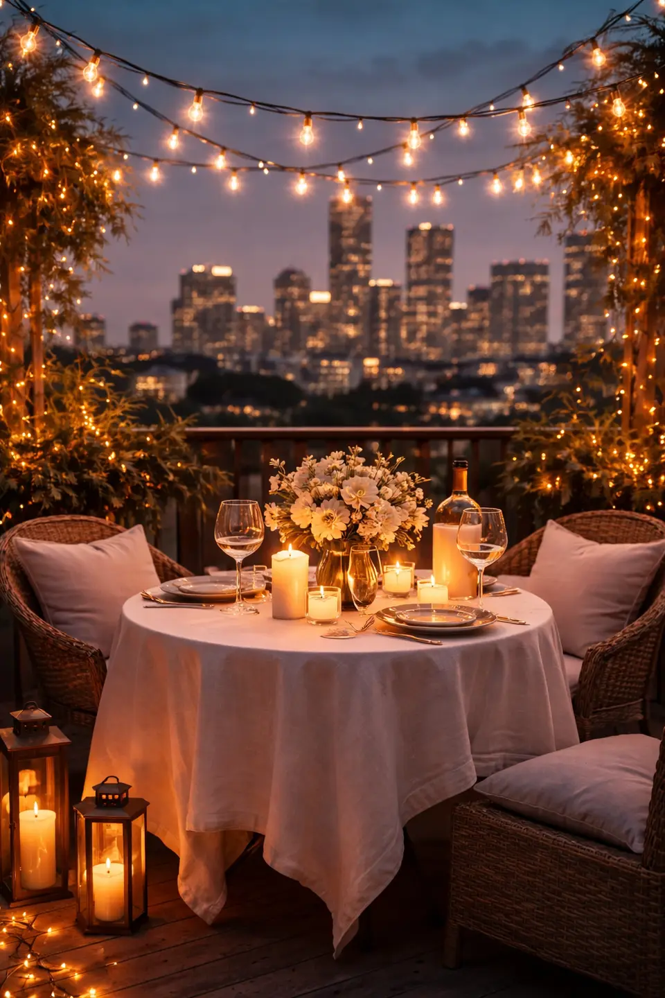 A terrace dinner table with a flower centrepiece, lanterns and city lights
