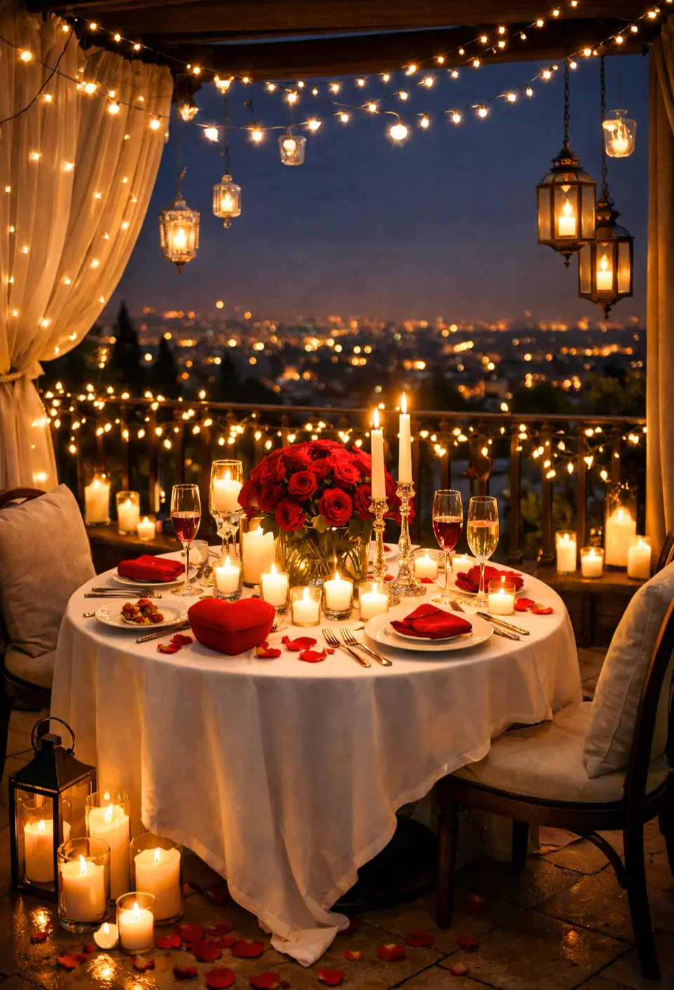 A candlelit terrace table for two with roses and sheer curtains at night