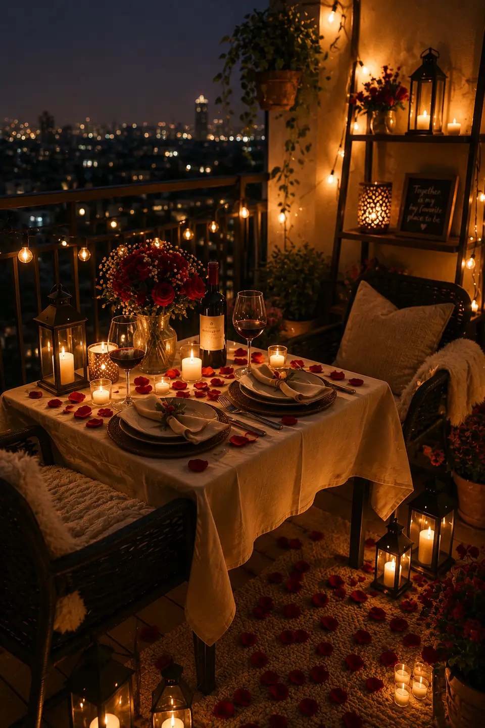 A terrace table dressed with rose petals, candles and string lights, shown as inspiration