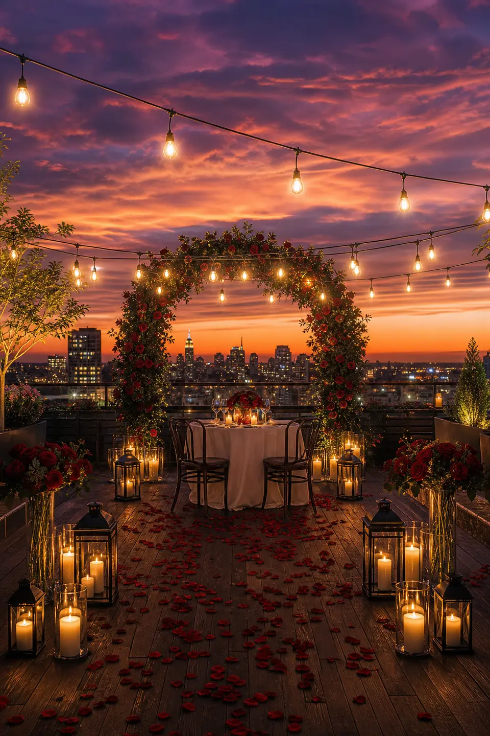 A flower arch and petal path leading to a table on a terrace at sunset