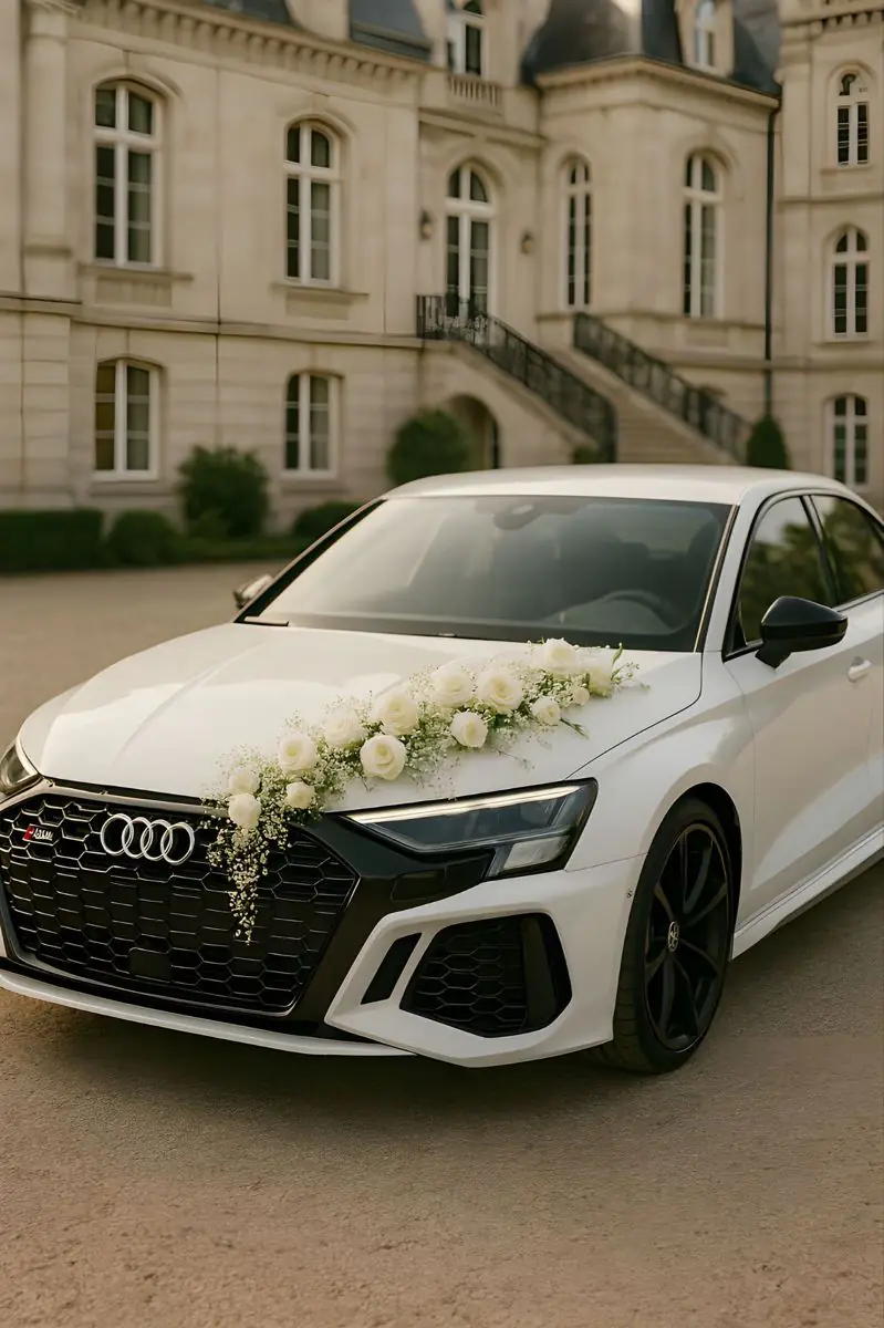 White Audi with a white rose and baby breath flower spray on the bonnet