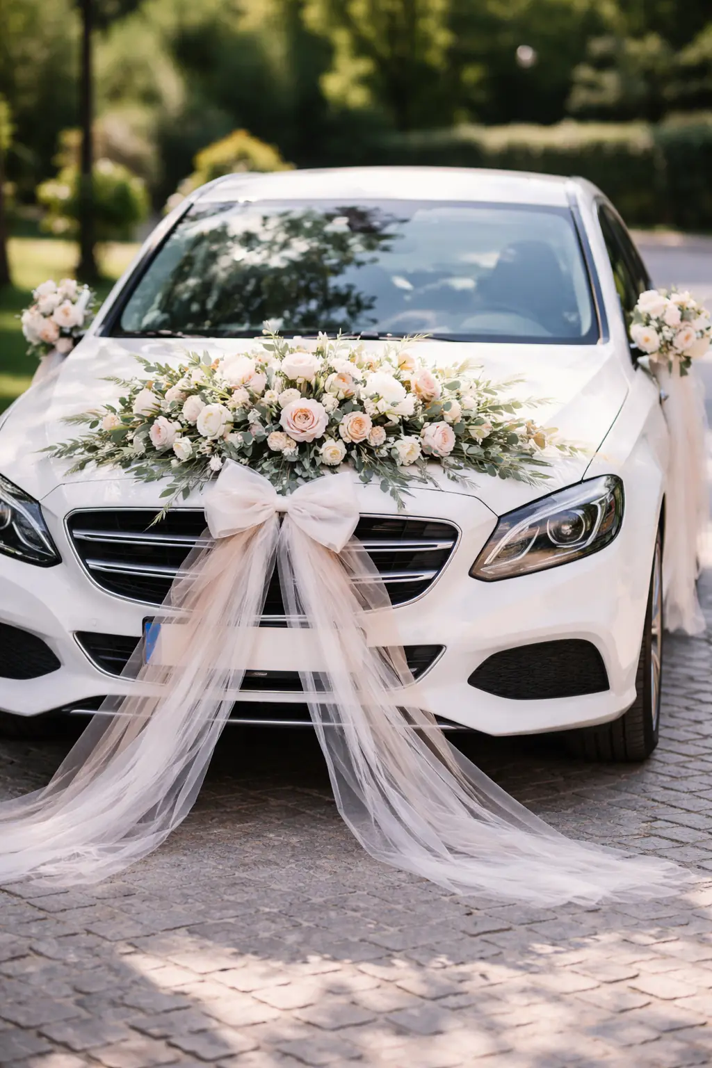 A white wedding car with a spray of white roses on the bonnet