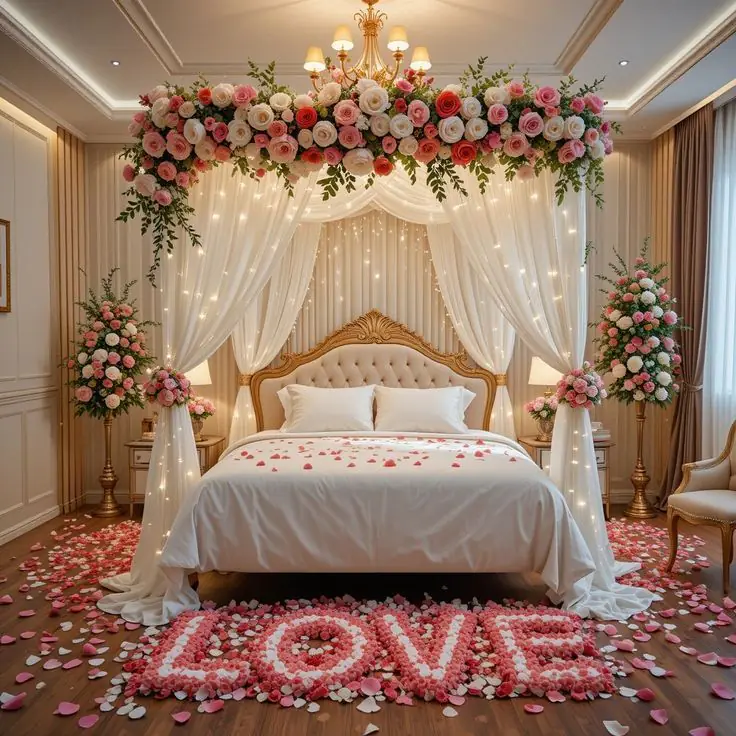 First-night room, fresh flowers, an example setup