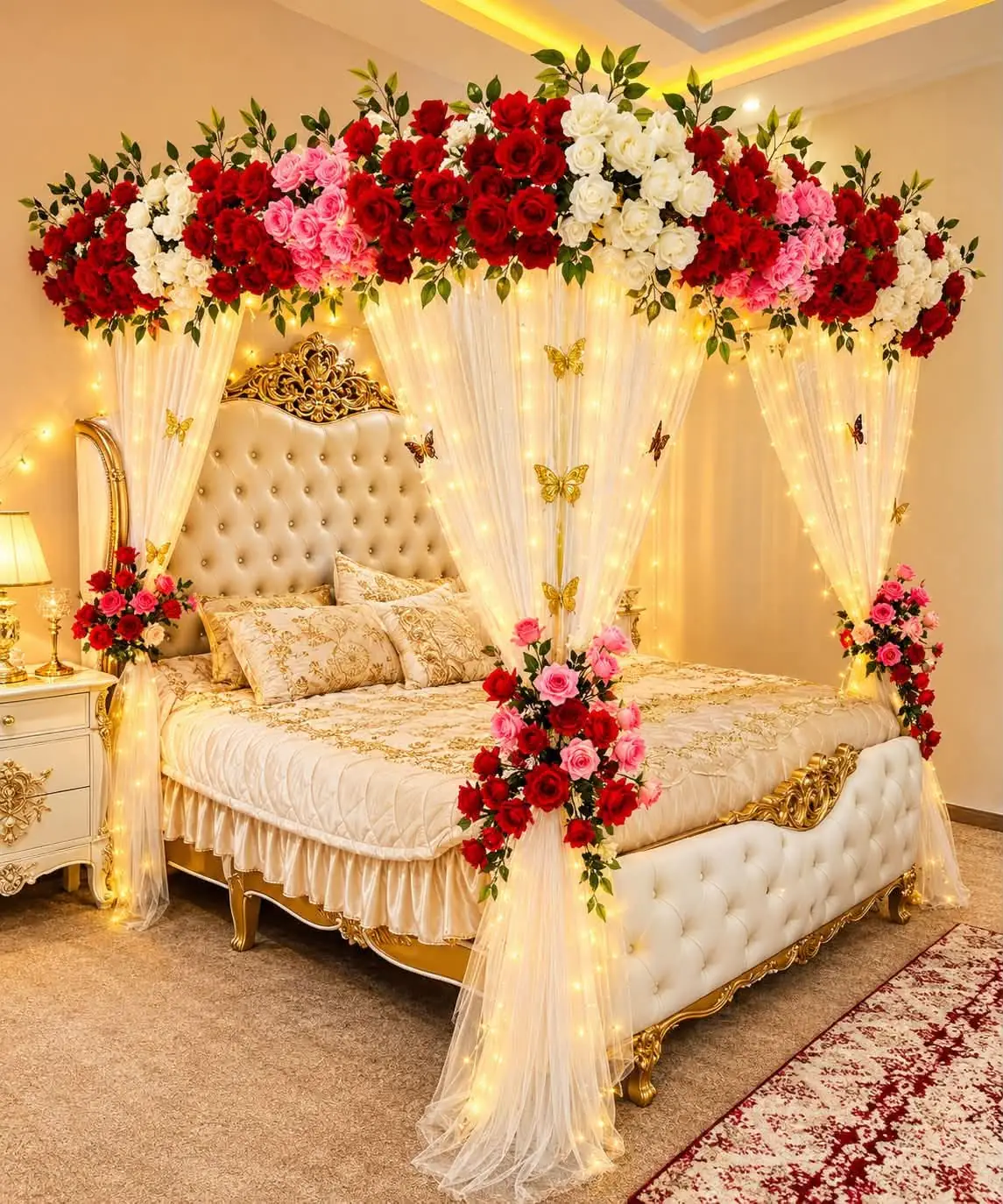 A bed under a floral canopy with roses and fairy lights